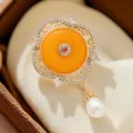 Vintage court style brooch pin with safety buckle, pearl waterdrop and hollow flower patterns. - 3.9x6.3cm / Yellow