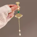 New Chinese style metal brooch pin with pearls green bead and hanging chain for women - Gold Cut-Out Round Fan Tassel Waist Pendant