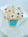 Vintage Enamel Pearl Flower Basket Brooch Rhinestone Pin Elegant Fashion Jewelry. - Painted Golden Flower Pot Blue / 1 Piece
