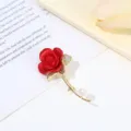 Elegant red rose brooch with shimmering rhinestones and a pearl accent for women clothing. - Red Flower Pearl Stem Style / Red