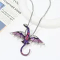 Detailed closeup of the vintage purple enameled dragon pendant with sparkling crystals. - Dual Use Necklace Brooch / Size 8.8x7.6cm Chain 52cm / Dark Violet