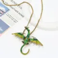 Vintage green enameled dragon pendant necklace with rhinestones and antique chain accessory. - Dual Use Necklace Brooch / Size 8.8x7.6cm Chain 52cm / Yellow-Green