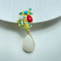 Vintage alloy colorful enamel brooch pendant with imitation jade drop for ethnic cheongsam. - Style 1 / 6x2cm