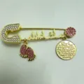 Gold-tone rhinestone safety pin brooch with Arabic calligraphy and pink crystal charms. - Gold Pink