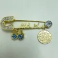 Exquisite rhinestone Turkish evil eye hamsa hand safety pin brooch detailed design elegant jewelry item. - Gold Light Blue Style