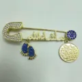 Gold safety pin brooch with blue rhinestones Arabic calligraphy charm fashion jewelry accessory - Gold Blue