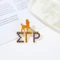 Gold tone alloy brooch featuring a stylish poodle and Greek letters with blue and amber rhinestones. - Style 9 ΣΓΠ Letter Poodle Shape