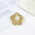 Close-up detail of a stunning gold-tone rhinestone and pearl flower brooch accessory. - Style 11 3D Pearl Rhinestone Flower Shape