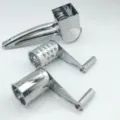 Stainless steel rotary cheese grater detail, kitchen tool with drums for easy shredding. - Double Drum Set / Plastic Bag Packaging