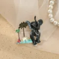 Broche de elefante de esmalte, pin de diseño de palmera de aleación, elegante joya accesorio. - Negro