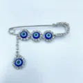 Evil eye rhinestone safety pin brooch, retro crystal silver tone metal fashion costume jewelry. - Rhinestone Style