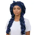 Lange geflochtene Satin Schlafhaube für lockiges Haar, weiche Seiden Nachthaube für Damen. - Verstellbar / Marineblau