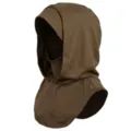 Detailansicht der einfarbigen elastischen Kapuze Balaclava Schal Kombination für Alltag. - Khaki Kapuze