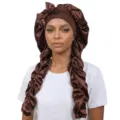 Detail view of the long satin sleep bonnet in dark brown with bow and button accent for hair. - Adjustable / Coffee