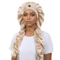 Detailed view of the luxury champagne satin sleep cap with long braided design and cute bow. - Adjustable / Beige