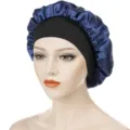 Women Satin Sleep Cap with Wide Black Band Blue Night Bonnet for Curly Hair Care - One Size / Navy Blue