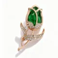Elegant gold-plated tulip brooch with green gem and crystal rhinestones for women. - Green