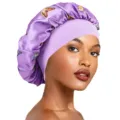 Satin sleep bonnet with wide band and butterfly print, comfortable hair care cap for night. - One Size / Light Purple