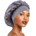 Detailed view of the wide-band satin sleep bonnet with butterfly print showing soft fabric and fit. - One Size / Gray