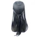 Schwarzer seidiger Durag für Damen Herren, langer Schwanz Satin Haartuch Kappe blau Rand. - Schwarzer Marineblauer Rand