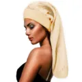 Detail view of long satin sleep cap, wide brim hair care bonnet for long hair protection. - One Size / Beige