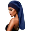 Close-up detail of a dark blue long satin hair bonnet, featuring a wide elastic band design. - One Size / Navy Blue