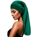 Extra long satin sleep bonnet for curly hair, soft silk night cap with wide elastic band. - One Size / Green