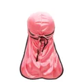 Pink silky durag with black piping, smooth satin long tail head wrap for men and women. - One Size / Pink