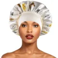 Satin sleep cap with butterfly print, wide elastic band for comfortable hair care - One Size / Off White