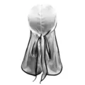 Hochwertiger weißer Seiden Durag mit schwarzem Rand und langem Schwanz für Wellen. - Silber Mit Schwarz