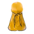 Gelbes seidenartiges Durag Kopftuch mit dunkelblauer Paspel langer Schwanz elastische Kappe - Gold Schwarz Rand