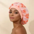 Double layer mesh floral sleep cap satin hair bonnet with elastic band for daily care. - One Size / Snow Bud