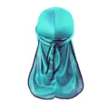 Türkisblaue Seiden Durag Satin Wave Cap mit schwarzer Einfassung langem Schwanz. - Himmelblau mit schwarzem Rand
