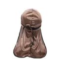 Brown satin silk durag with black piping and long tail wave cap for men and women. - One Size / Coffee