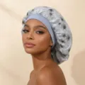 Detailed view of the double-layer mesh satin sleep bonnet with floral embroidery and elastic band. - One Size / Gray