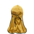 Gold silky durag for men women smooth long tail head wrap black piped pirate cap hat. - One Size / Gold
