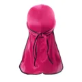 Helles Rosa seidenartiges Durag lang Schwanz Kopfbedeckung mit schwarzem Paspelrand elastisch. - Rosérot Mit Schwarzem Rand