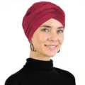 Weinroter gekreuzter Turban Kopftuch Detail, weicher Milchseiden Stoff, stilvolle Hijab Mütze. - Einheitsgröße / Rot