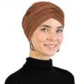 Women brown cross turban hat, soft milk silk stretch head cover fashion muslim hijab cap. - One Size / Coffee