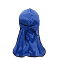 Blue silky satin durag with long tail and black piping, stylish headwrap for men and women. - One Size / Sapphire Blue