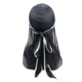 Seidiger Durag mit weißem Rand, schwarze Langschwanz-Kopfbedeckung, modische Wellenkappe. - Schwarz mit Weißem Rand