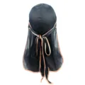 Schwarzes seidiges Durag mit rosa Borte, langer Schwanz elastisches Kopftuch Variante. - Schwarz und Gold