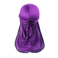 Lila seidiger Durag für Damen und Herren, langer Schwanz Wellenkappe mit schwarzem Paspelrand - Lila mit schwarzem Besatz