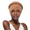 Stylish braided turban head wrap for women, comfortable brown boho chic hair cover accessory. - One Size / Caramel color