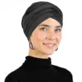 Black cross turban cap for women, soft milk silk stretch hijab head wrap variant. - One Size / Black