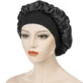 Black satin sleep cap with high elasticity wide band for women hair care and night protection style. - One Size / Black