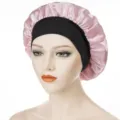 Satin sleep cap for women, pink silk bonnet with black wide elastic band, hair care. - One Size / Pink