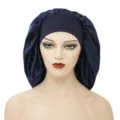 Extra large satin sleep cap with wide elastic band for curly hair, deep blue hair bonnet. - One Size / Navy Blue