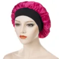 Women Satin Sleep Cap Hot Pink Hair Bonnet with Black Wide Elastic Band for Night Hair Care - One Size / Rose Red