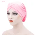 Women solid color cross turban hat soft breathable chemo cap ladies stylish head wrap pink - One Size / Pink